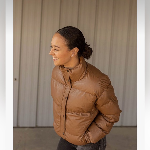 SHEIN Jackets & Blazers - Brown Faux Leather Puffer Jacket